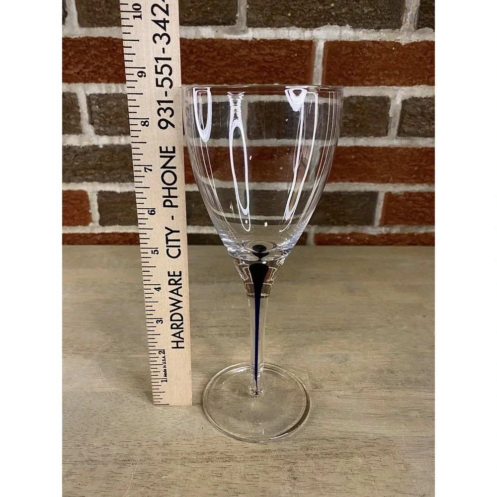3 PIER 1 Hand-Blown Clear Water Wine Glasses Blue Tear Drop Stem Accent 8 5/8